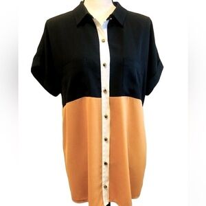 Forever 21 Blouse Colorblock Button Front Black Gold Oversized size Medium